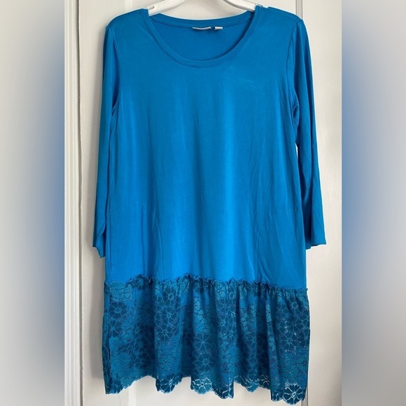 LOGO by Lori Goldstein Rayon 3/4 Sleeves Top Lace Hem Side Pockets Size: Small - Picture 1 of 11